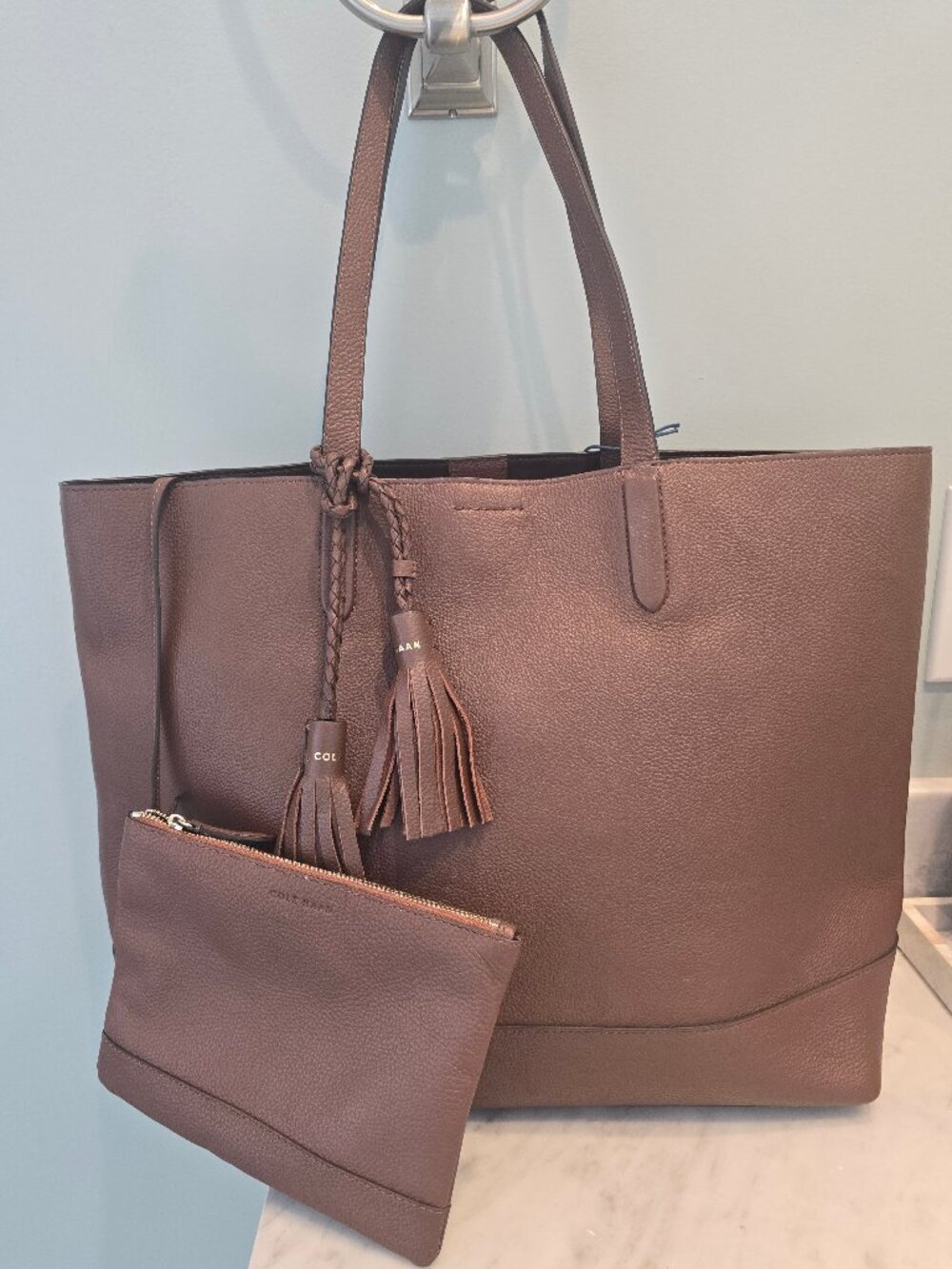 NWT Cole Haan Woodbury Pinch Tote in Brown Pebble Leather